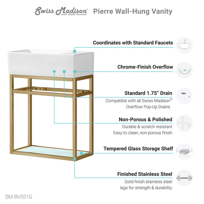 Swiss Madison Pierre 19.5 Single, Open Shelf, Gold Metal Frame Bathroom Vanity - SM-BV551G