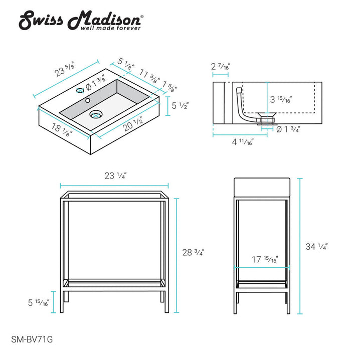 Swiss Madison Pierre 24 Single, Freestanding, Open Shelf, Gold Metal Frame Bathroom Vanity - SM-BV71G