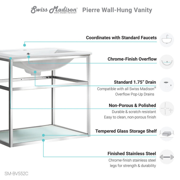 Swiss Madison Pierre 24 Single, Open Shelf, Chrome Metal Frame Bathroom Vanity - SM-BV552C