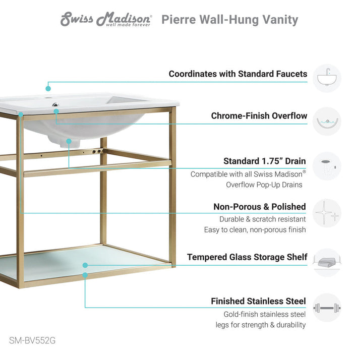 Swiss Madison Pierre 24 Single, Open Shelf, Gold Metal Frame Bathroom Vanity - SM-BV552G