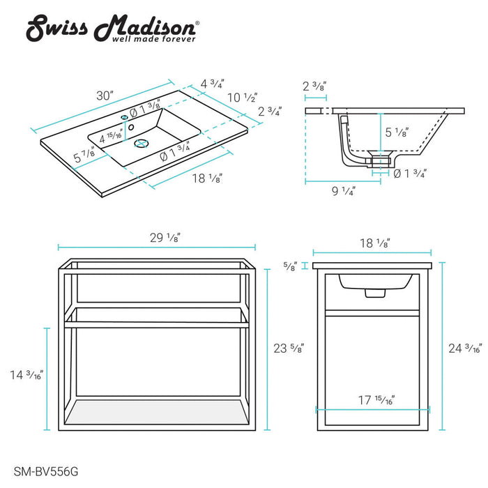 Swiss Madison Pierre 30 Single, Open Shelf, Gold Metal Frame Bathroom Vanity - SM-BV556G