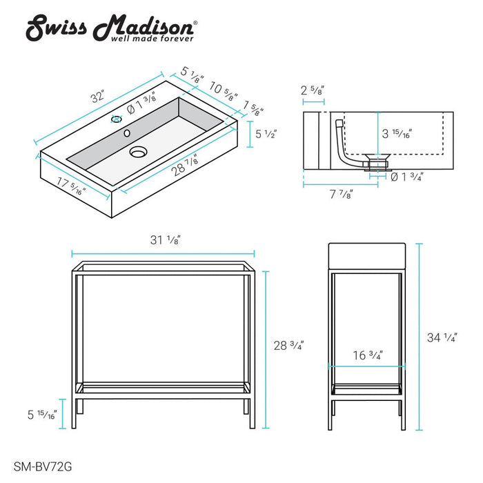 Swiss Madison Pierre 32 Single, Freestanding, Open Shelf, Gold Metal Frame Bathroom Vanity - SM-BV72G