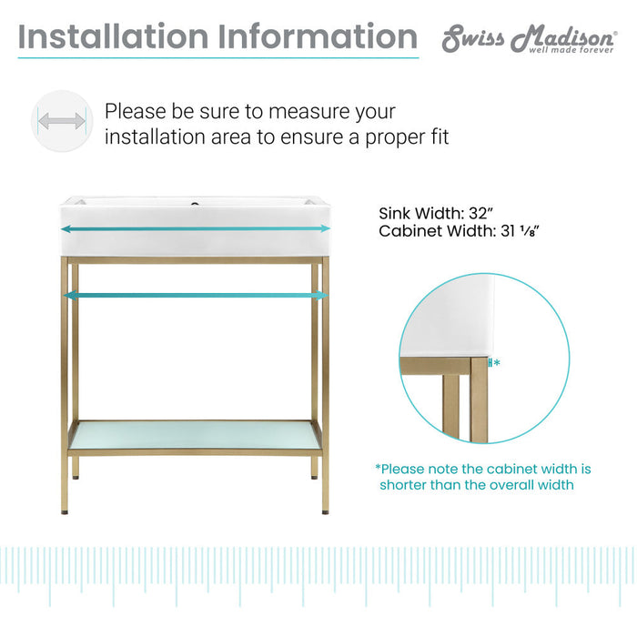 Swiss Madison Pierre 32 Single, Freestanding, Open Shelf, Gold Metal Frame Bathroom Vanity - SM-BV72G