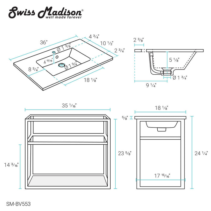 Swiss Madison Pierre 36 Single, Metal Frame, Open Shelf, Bathroom Vanity - SM-BV553