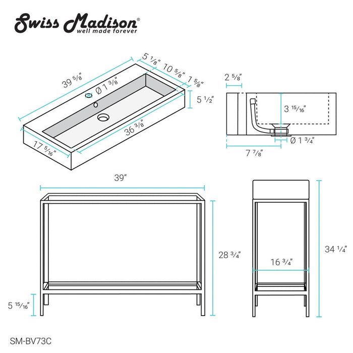 Swiss Madison Pierre 40 Single, Freestanding, Open Shelf, Chrome Metal Frame Bathroom Vanity - SM-BV73C