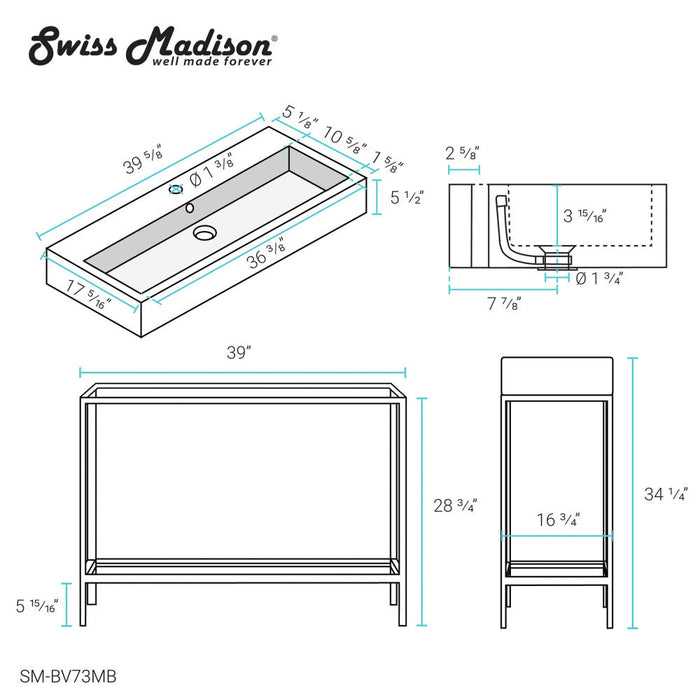 Swiss Madison Pierre 40 Single, Freestanding, Open Shelf, Matte Black Metal Frame Bathroom Vanity - SM-BV73MB