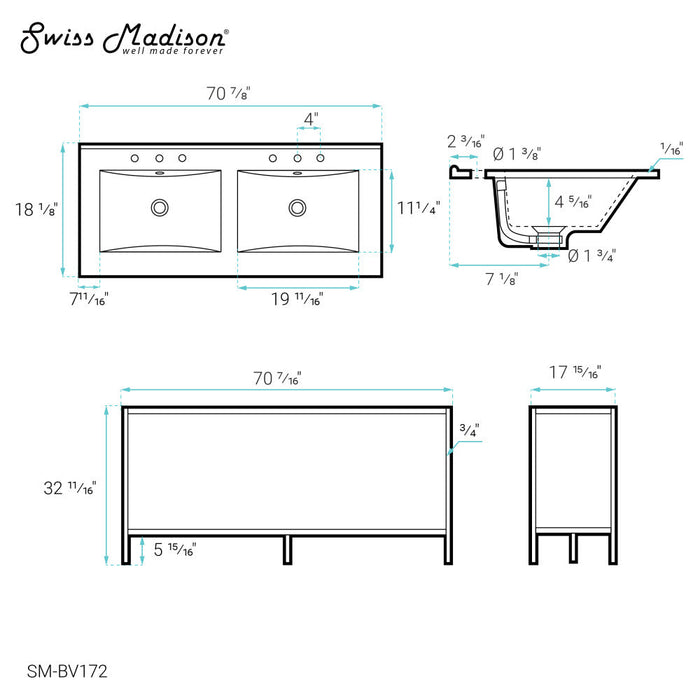 Swiss Madison Pierre 72 Double, Freestanding, Open Shelf, Matte Black Metal Frame Bathroom Vanity - SM-BV172