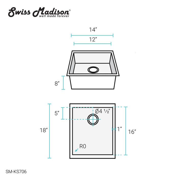 Swiss Madison Tourner 14 x 18 Stainless Steel, Single Basin, Undermount Kitchen Sink - SM-KU706