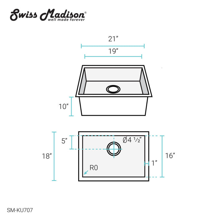 Swiss Madison Tourner 21 x 18 Stainless Steel, Single Basin, Undermount Kitchen Sink - SM-KU707