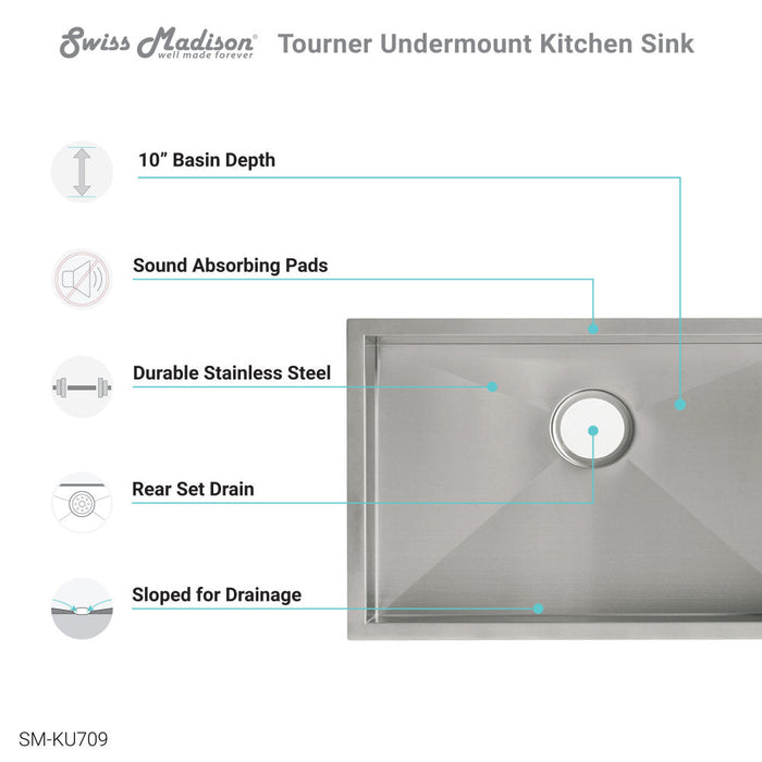 Swiss Madison Tourner 27 x 19 Stainless Steel, Single Basin, Undermount Kitchen Sink - SM-KU709