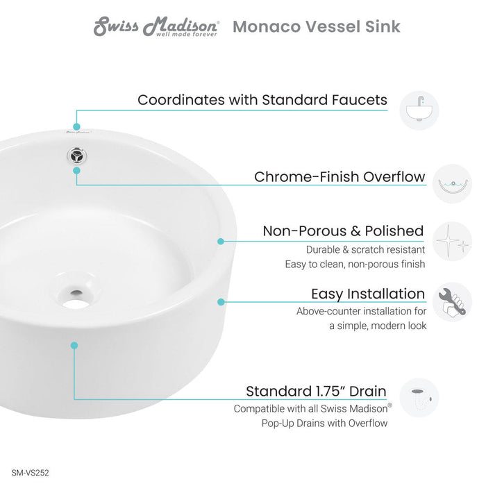 Swiss Madison Monaco Round Ceramic Bathroom Vessel Sink in White - SM-VS252