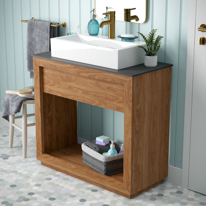 Swiss Madison Rennes 36" Reclaimed Wood Vanity in Natural Teak with Slate Countertop and Single Hole Vessel Sink - SM-BV370TKSL