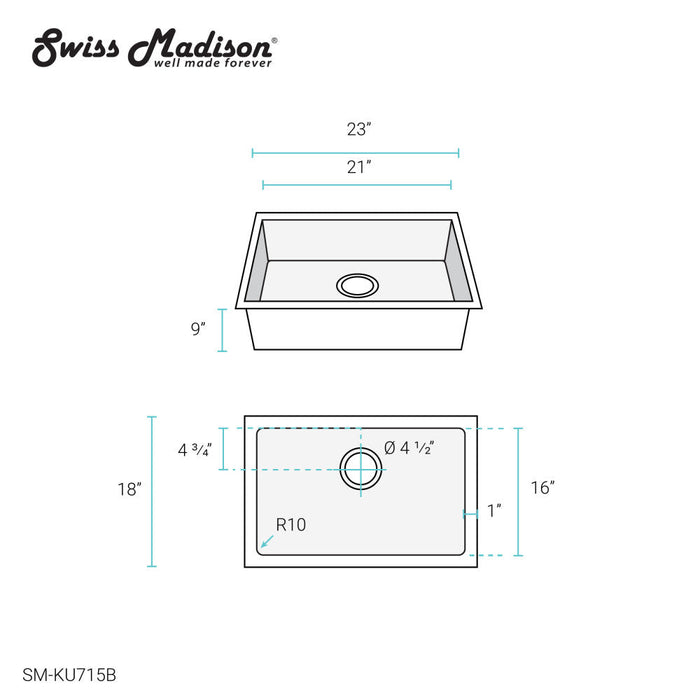 Swiss Madison Rivage 23 x 18 Stainless Steel, Single Basin, Undermount Kitchen Sink, Black - SM-KU715B