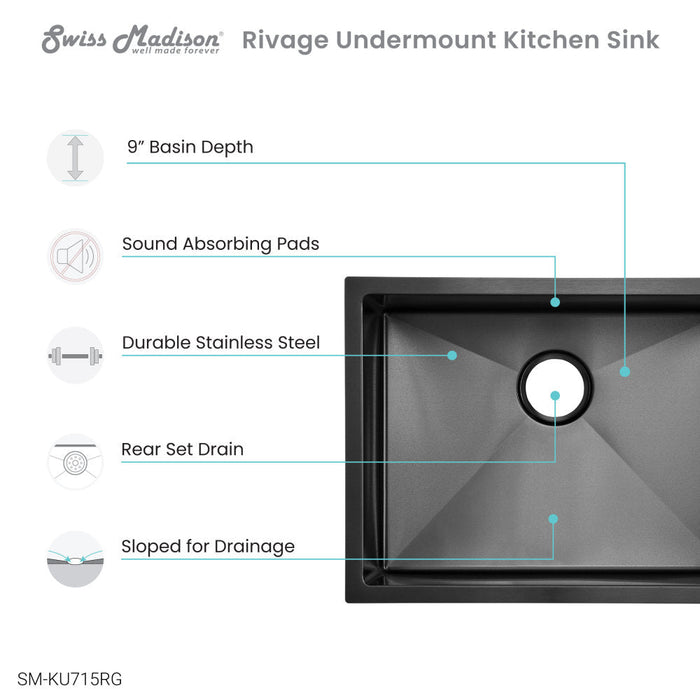 Swiss Madison Rivage 23 x 18 Stainless Steel, Single Basin, Undermount Kitchen Sink, Black - SM-KU715B