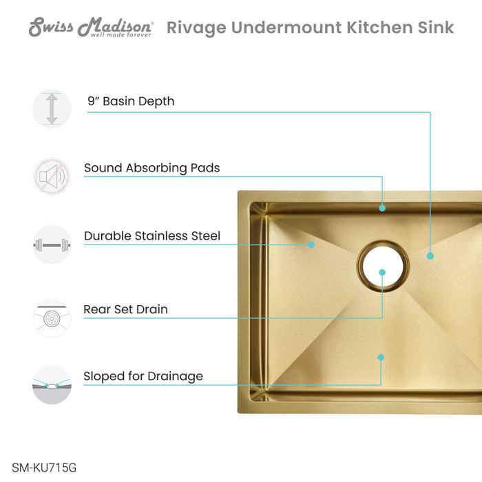 Swiss Madison Rivage 23 x 18 Stainless Steel, Single Basin, Undermount Kitchen Sink, Gold - SM-KU715G