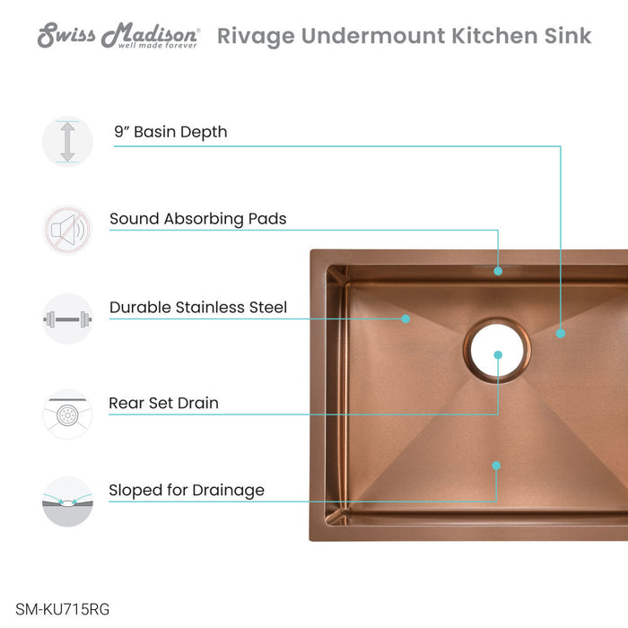 Swiss Madison Rivage 23 x 18 Stainless Steel, Single Basin, Undermount Kitchen Sink, Rose Gold - SM-KU715RG