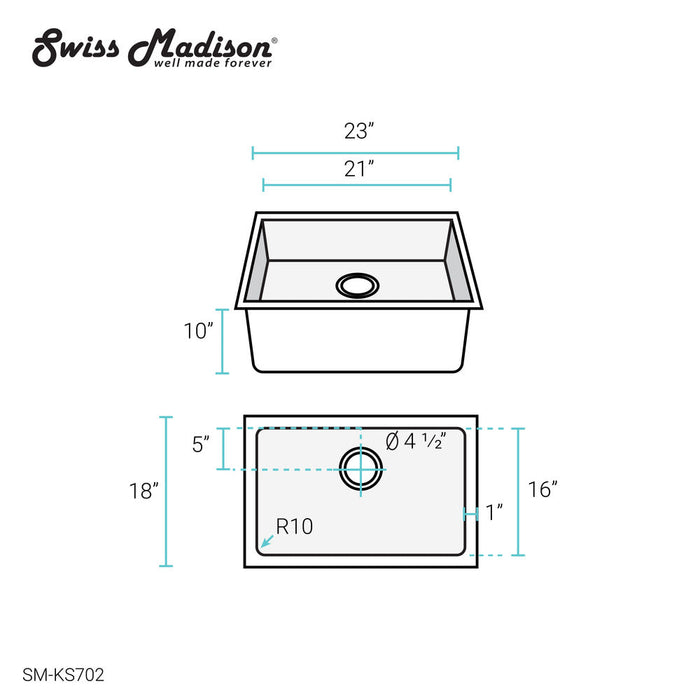 Swiss Madison Rivage 23 x 18 Stainless Steel, Single Basin,Undermount Kitchen Sink - SM-KU702