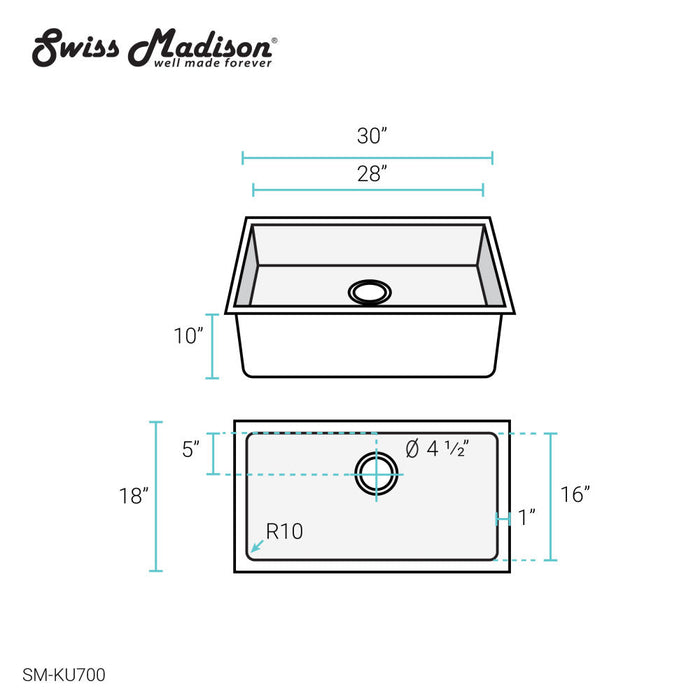 Swiss Madison Rivage 30 x 18 Stainless Steel, Single Basin, Undermount Kitchen Sink - SM-KU700