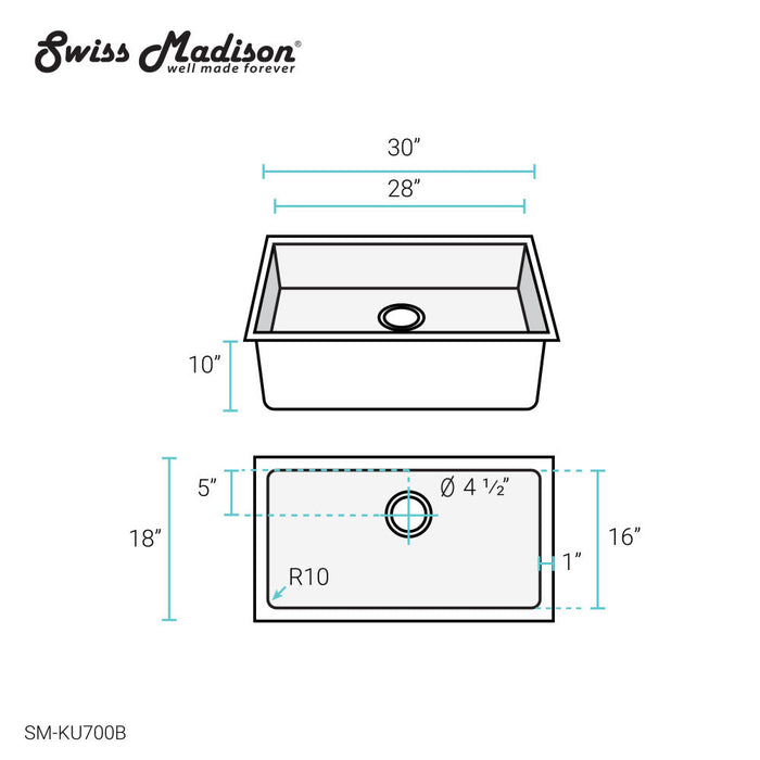 Swiss Madison Rivage 30 x 18 Stainless Steel, Single Basin, Undermount Kitchen Sink,Black - SM-KU700B