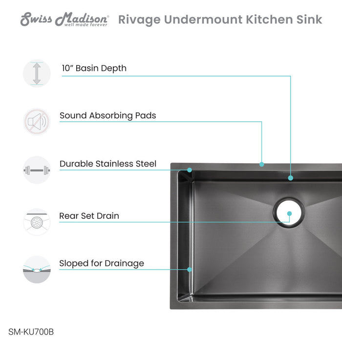 Swiss Madison Rivage 30 x 18 Stainless Steel, Single Basin, Undermount Kitchen Sink,Black - SM-KU700B