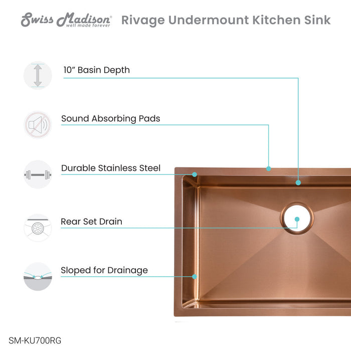 Swiss Madison Rivage 30 x 18 Stainless Steel, Single Basin, Undermount Kitchen Sink, Rose Gold - SM-KU700RG