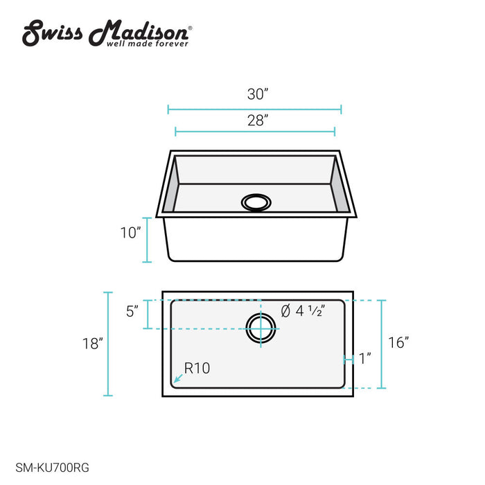 Swiss Madison Rivage 30 x 18 Stainless Steel, Single Basin, Undermount Kitchen Sink, Rose Gold - SM-KU700RG