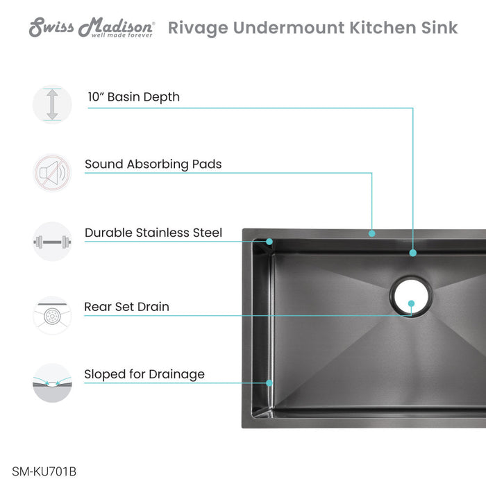 Swiss Madison Rivage 32 x 19 Stainless Steel, Single Basin, Undermount Kitchen Sink, Black - SM-KU701B