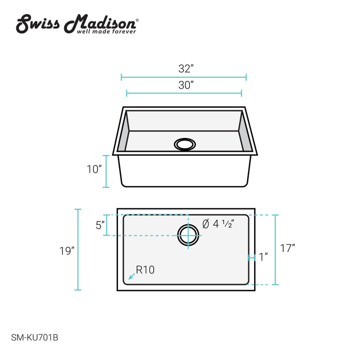 Swiss Madison Rivage 32 x 19 Stainless Steel, Single Basin, Undermount Kitchen Sink, Black - SM-KU701B