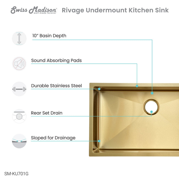 Swiss Madison Rivage 32 x 19 Stainless Steel, Single Basin, Undermount Kitchen Sink, Gold - SM-KU701G