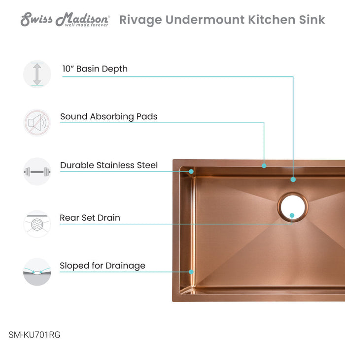 Swiss Madison Rivage 32 x 19 Stainless Steel, Single Basin, Undermount Kitchen Sink, Rose Gold - SM-KU701RG