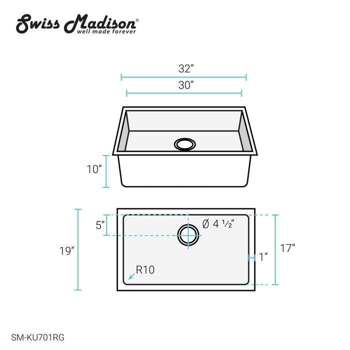 Swiss Madison Rivage 32 x 19 Stainless Steel, Single Basin, Undermount Kitchen Sink, Rose Gold - SM-KU701RG