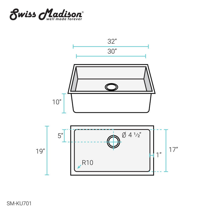 Swiss Madison Rivage 32 x 19 Stainless Steel, Single Basin, Undermount Kitchen Sink - SM-KU701