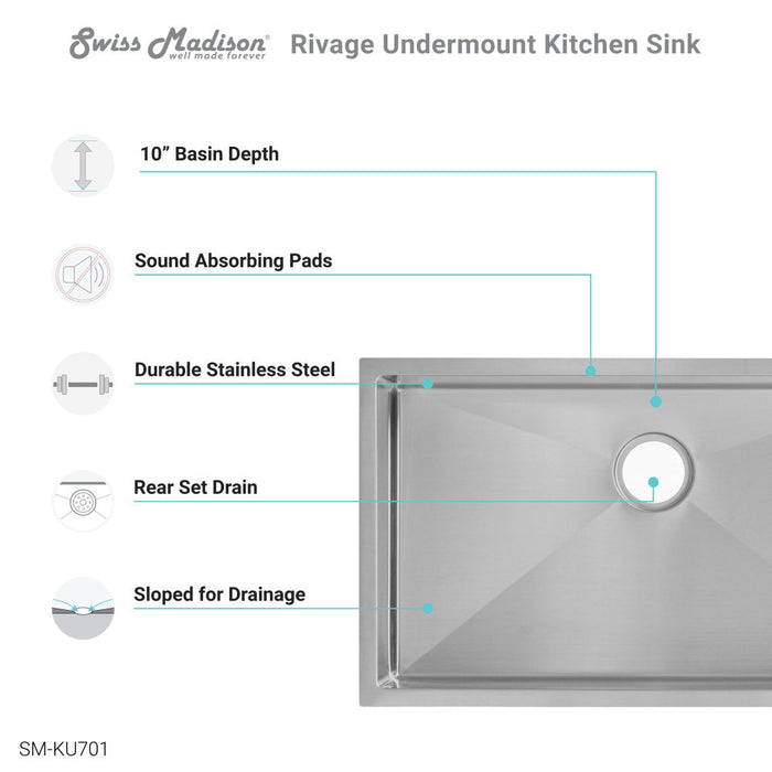 Swiss Madison Rivage 32 x 19 Stainless Steel, Single Basin, Undermount Kitchen Sink - SM-KU701