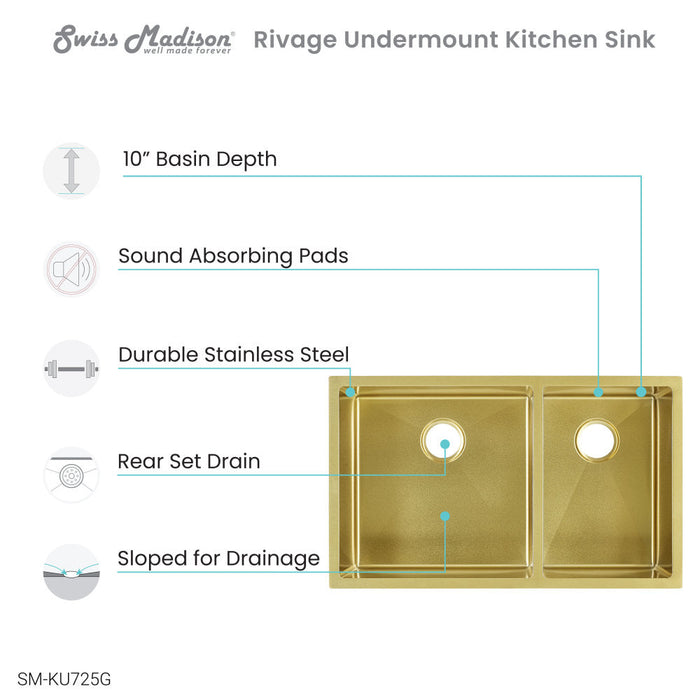 Swiss Madison Rivage 33 x 20 Stainless Steel, Dual Basin, Undermount Kitchen Sink in Gold - SM-KU725G