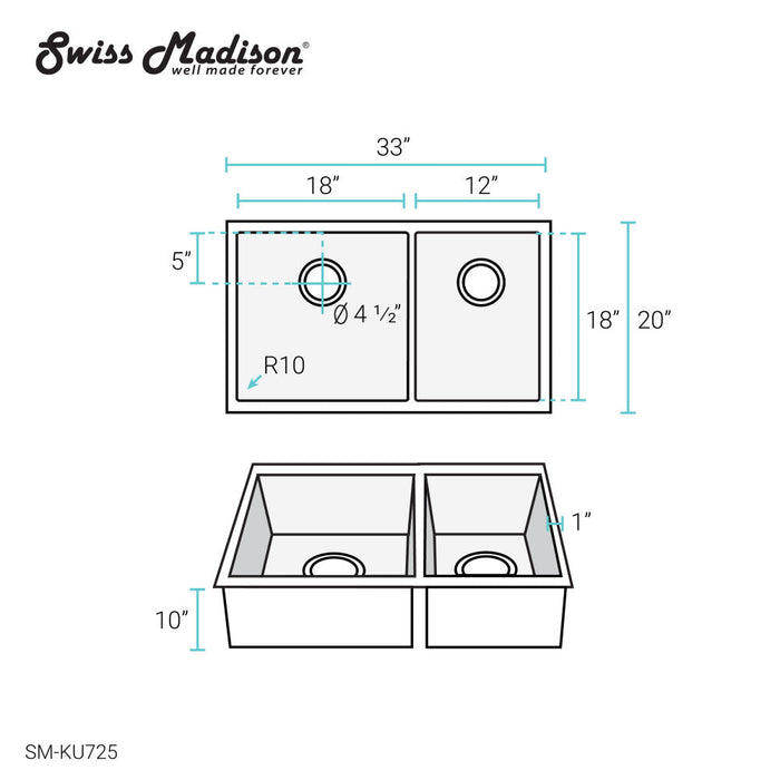 Swiss Madison Rivage 33 x 20 Stainless Steel, Dual Basin, Undermount Kitchen Sink - SM-KU725