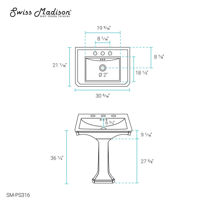 Swiss Madison Voltaire Two-Piece Pedestal Sink - SM-PS316