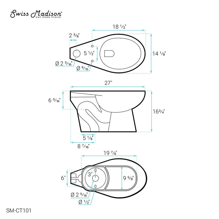 Swiss Madison Sirene Floor-Mounted Comfort Height Commercial Elongated Top Flush Spud Flushometer Toilet Bowl - SM-CT101