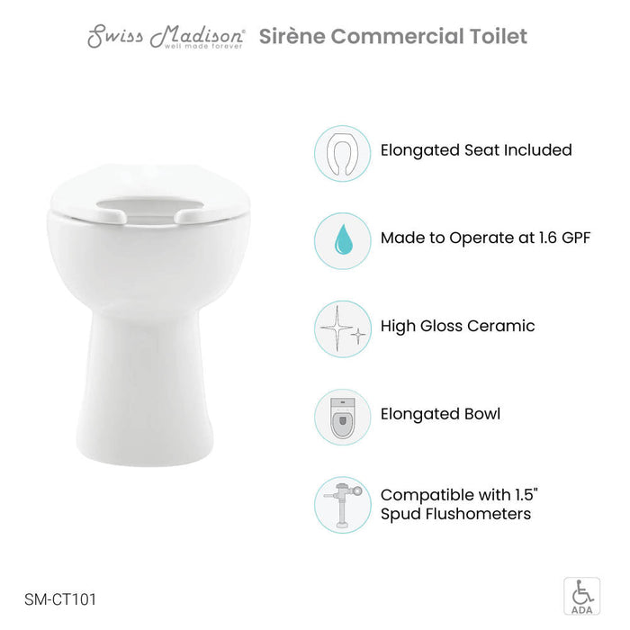 Swiss Madison Sirene Floor-Mounted Comfort Height Commercial Elongated Top Flush Spud Flushometer Toilet Bowl - SM-CT101