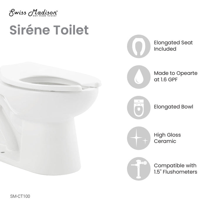 Swiss Madison Sirene Floor-Mounted Commercial Elongated Top Flush Spud Flushometer Toilet Bowl - SM-CT100