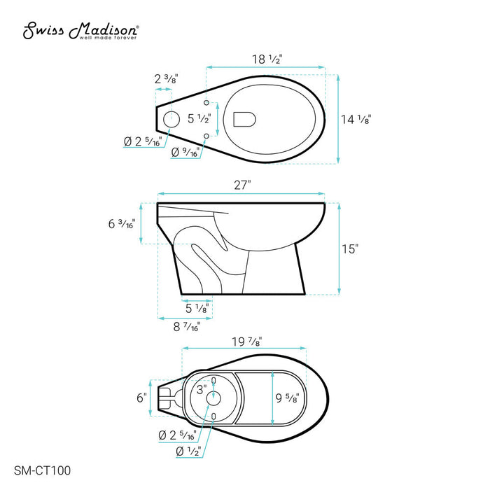 Swiss Madison Sirene Floor-Mounted Commercial Elongated Top Flush Spud Flushometer Toilet Bowl - SM-CT100