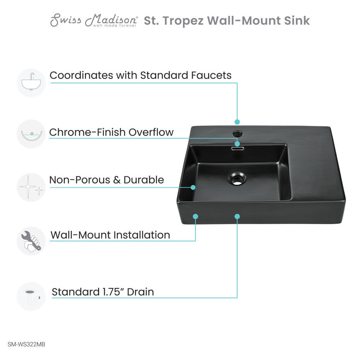 Swiss Madison St. Tropez 24 x 18 Ceramic Wall Hung Sink with Left Side Faucet Mount, Matte Black - SM-WS322MB