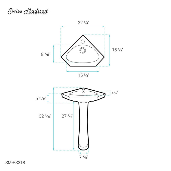 Swiss Madison St.Tropez Corner Two-Piece Pedestal Sink - SM-PS318