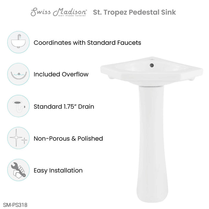 Swiss Madison St.Tropez Corner Two-Piece Pedestal Sink - SM-PS318