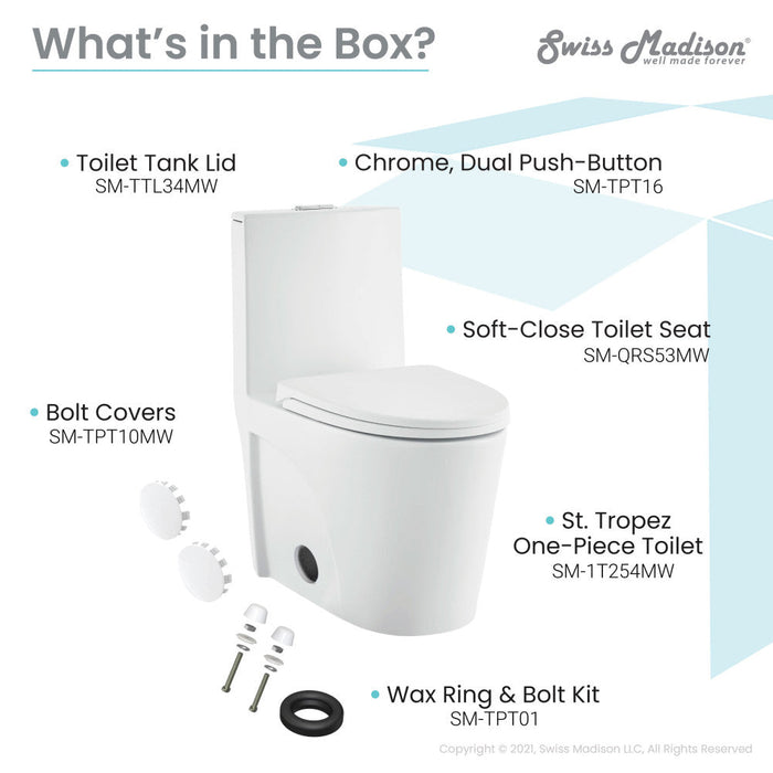 Swiss Madison St. Tropez One-Piece Elongated Toilet Vortex Dual-Flush in Matte White 1.1/1.6 gpf - SM-1T254MW