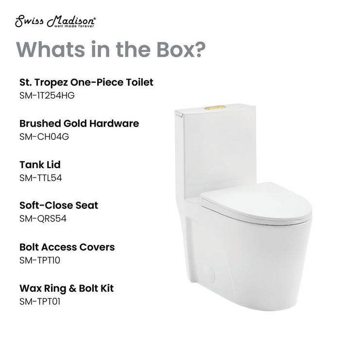 Swiss Madison St. Tropez One Piece Elongated Toilet Dual Vortex Flush, Gold Hardware - SM-1T254HG