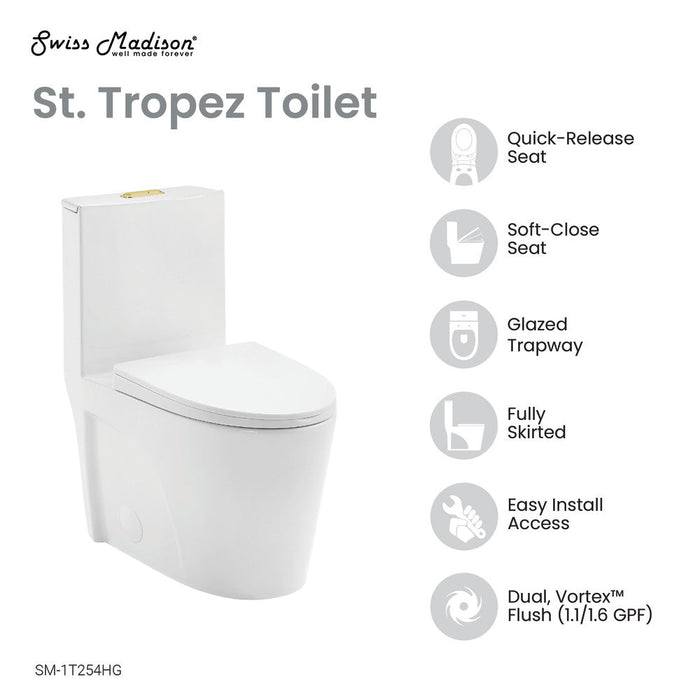 Swiss Madison St. Tropez One Piece Elongated Toilet Dual Vortex Flush, Gold Hardware - SM-1T254HG