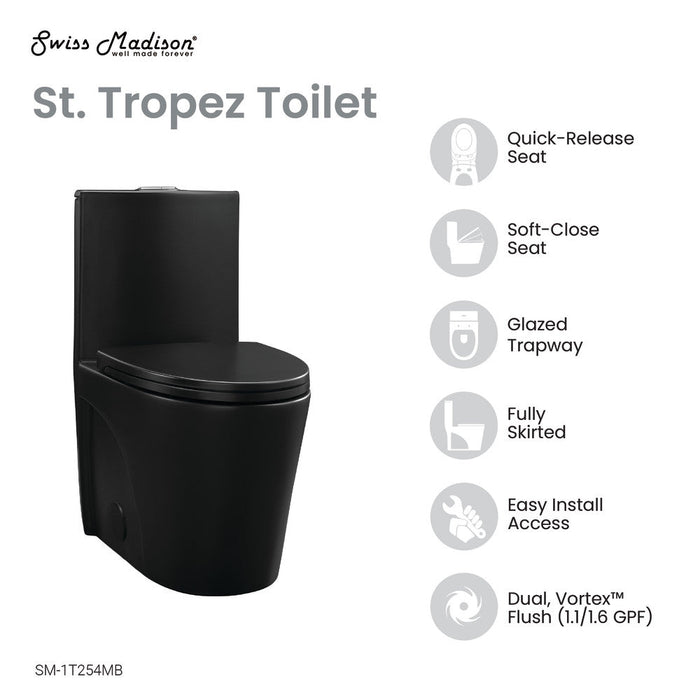 Swiss Madison St. Tropez One-Piece Elongated Toilet Vortex Dual-Flush in Matte Black 1.1/1.6 gpf - SM-1T254MB