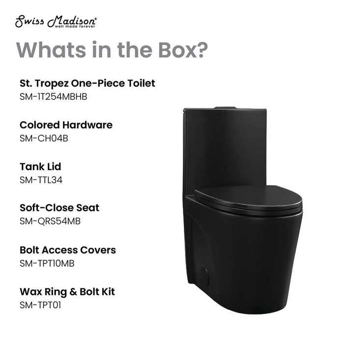 Swiss Madison St. Tropez One Piece Elongated Toilet Dual Vortex™ Flush in Matte Black, Black Hardware 1.1/1.6 gpf - SM-1T254MBHB