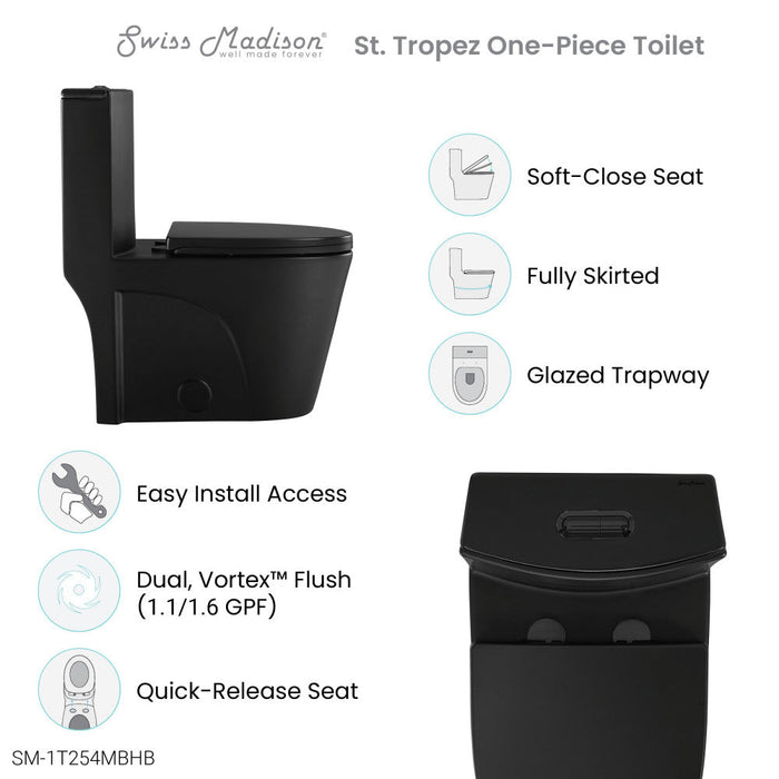 Swiss Madison St. Tropez One Piece Elongated Toilet Dual Vortex™ Flush in Matte Black, Black Hardware 1.1/1.6 gpf - SM-1T254MBHB