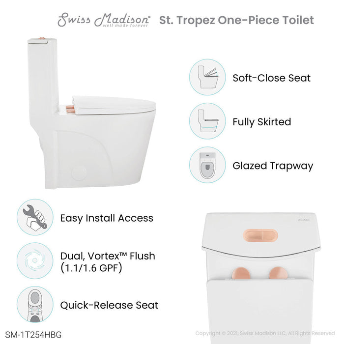 Swiss Madison St. Tropez One Piece Elongated Toilet Dual Vortex™ Flush, Rose Gold Hardware - SM-1T254HBG